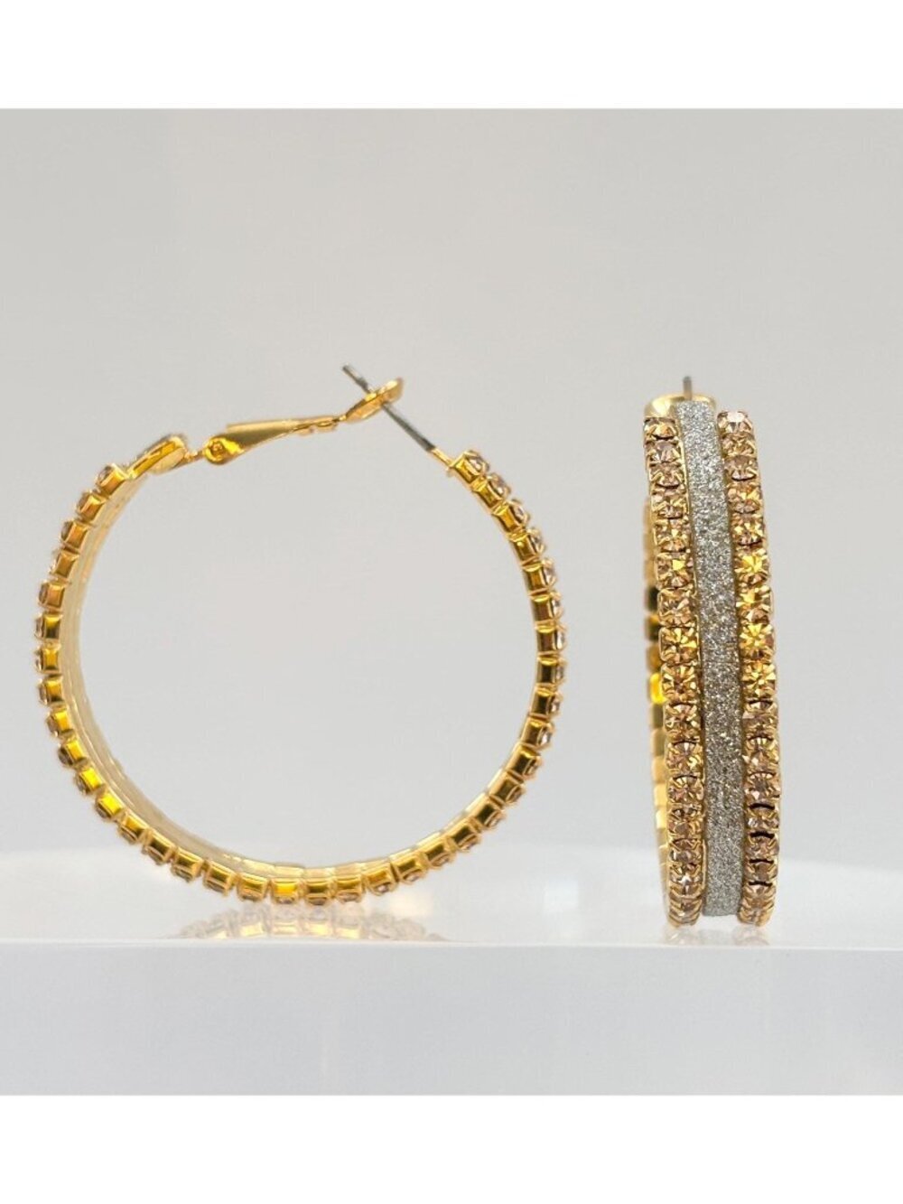 Gold Toned Rhinestone Lined 90's Style Silver Glitter XL Hoop Vintage Earrings